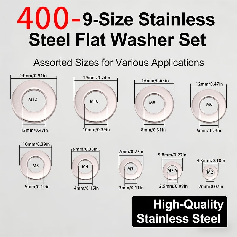 400pcs Stainless Steel Flat Washers Set 9 Sizes M2 M2.5 M3 M4 M5 M6 M8 M10 M12 Metric - Image 5