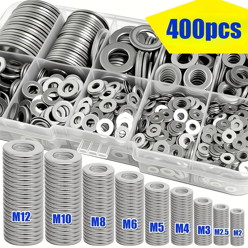 400pcs Stainless Steel Flat Washers Set 9 Sizes M2 M2.5 M3 M4 M5 M6 M8 M10 M12 Metric - Image 1