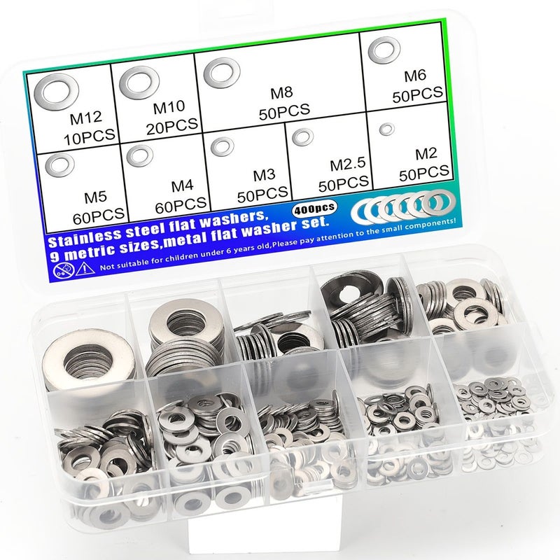 400pcs Stainless Steel Flat Washers Set 9 Sizes M2 M2.5 M3 M4 M5 M6 M8 M10 M12 Metric - Image 3