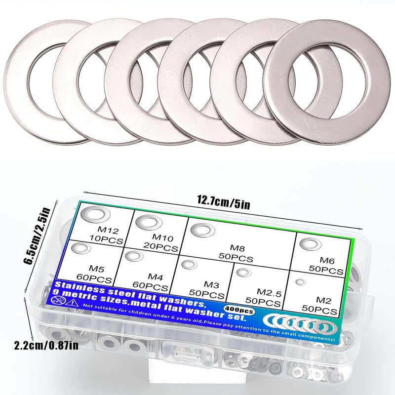 400pcs Stainless Steel Flat Washers Set 9 Sizes M2 M2.5 M3 M4 M5 M6 M8 M10 M12 Metric - Image 4