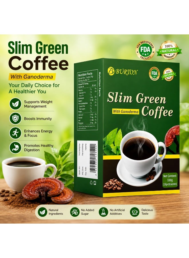 Burton Slim Green Coffee with Ganoderma – Instant Green Coffee Drink, 100g, 10 Sachets - Image 1