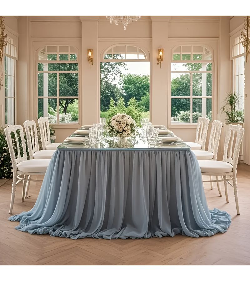 1 Piece 9ft 6ft Premium Double Layers Satin And Chiffon Table Skirt Pooling Floating Design Soft Comfortable White 6 Feet Length Restaurant Holiday Family Party Valentine Day Women Day Easter Decoration - Image 2