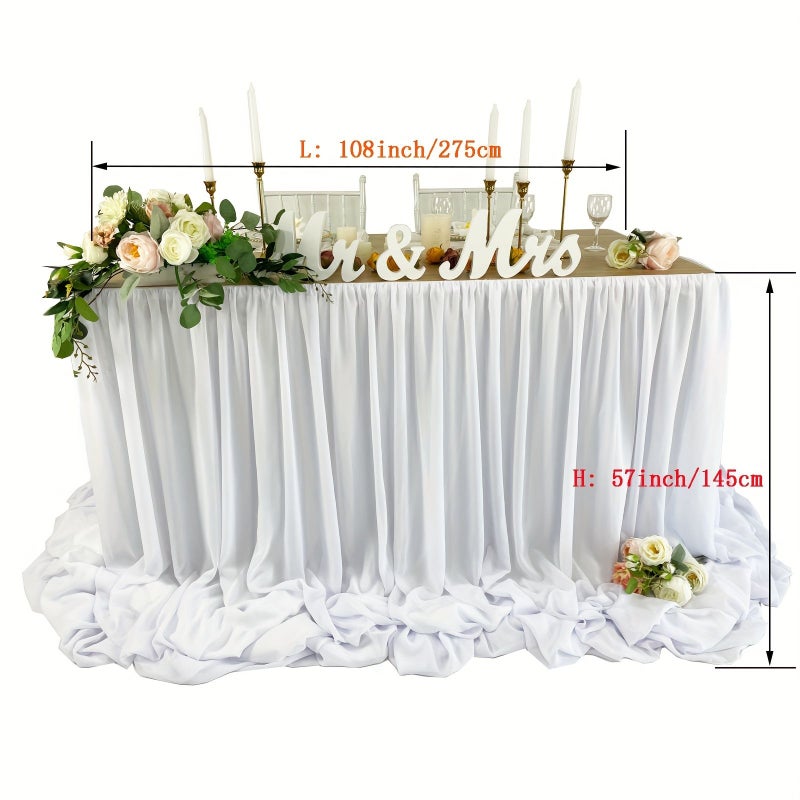 1 Piece 9ft 6ft Premium Double Layers Satin And Chiffon Table Skirt Pooling Floating Design Soft Comfortable White 6 Feet Length Restaurant Holiday Family Party Valentine Day Women Day Easter Decoration - Image 4