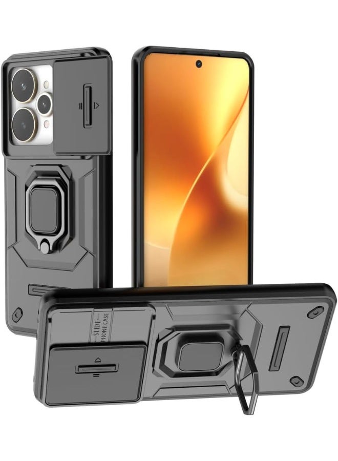 for Realme 15 Case with Slide Camera Cover, Shockproof Heavy Duty Case with Magnetic Ring Kickstand - Black - Image 1