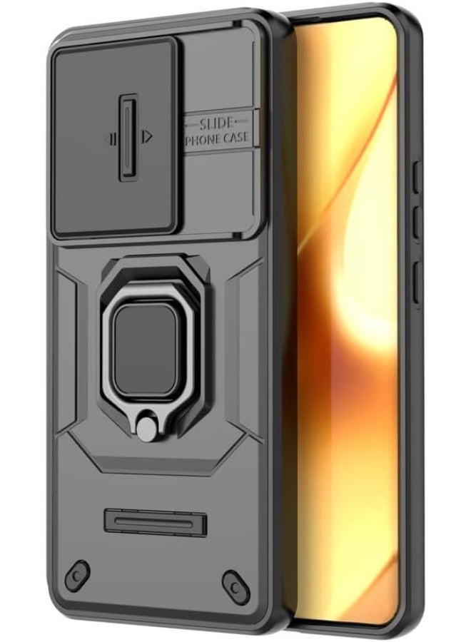 for Realme 15 Case with Slide Camera Cover, Shockproof Heavy Duty Case with Magnetic Ring Kickstand - Black - Image 3