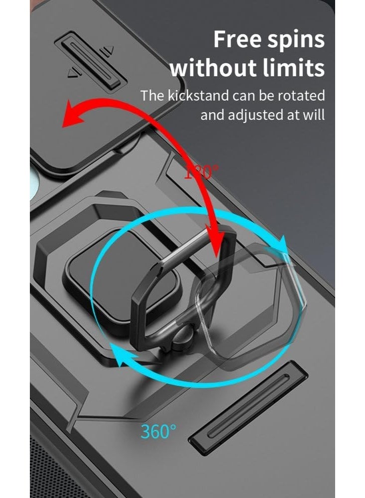 for Realme 15 Case with Slide Camera Cover, Shockproof Heavy Duty Case with Magnetic Ring Kickstand - Black - Image 5