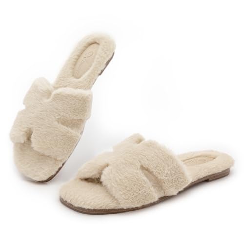 Athlefit Women's Fuzzy Slippers Cute Comfy Fluffy Open Toe Slip-on House Slide Slippers for Indoor Bedroom Bridesmaid, Camel, Size 8.5, AD01354 - Image 1