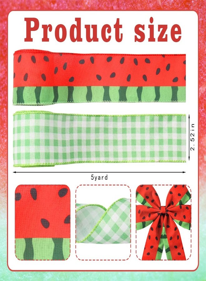 Hying 2 Rolls Watermelon Wired Ribbon Summer Ribbon for Crafts Gift Wrapping Wreath Bows Fruit Green Plaid Ribbons for Summer Home Party Birthday Decoration, 2.5" X 10 Yards - Image 2