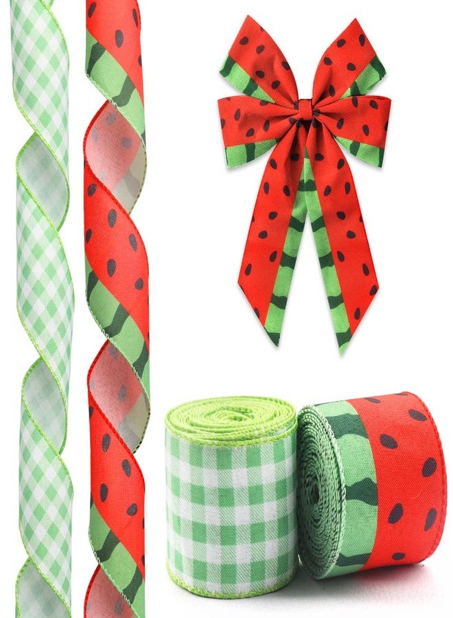 Hying 2 Rolls Watermelon Wired Ribbon Summer Ribbon for Crafts Gift Wrapping Wreath Bows Fruit Green Plaid Ribbons for Summer Home Party Birthday Decoration, 2.5" X 10 Yards - Image 1
