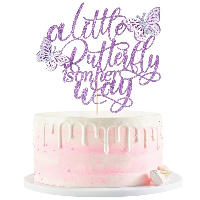 Kaoenla A Little Butterfly Is On Her Way Cake Topper  Pregnancy Announcement Gender Reveal Baby Shower Newborn Welcome Butterfly Themed Party Decorations Purple - Image 3