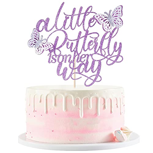 Kaoenla A Little Butterfly Is On Her Way Cake Topper  Pregnancy Announcement Gender Reveal Baby Shower Newborn Welcome Butterfly Themed Party Decorations Purple - Image 1