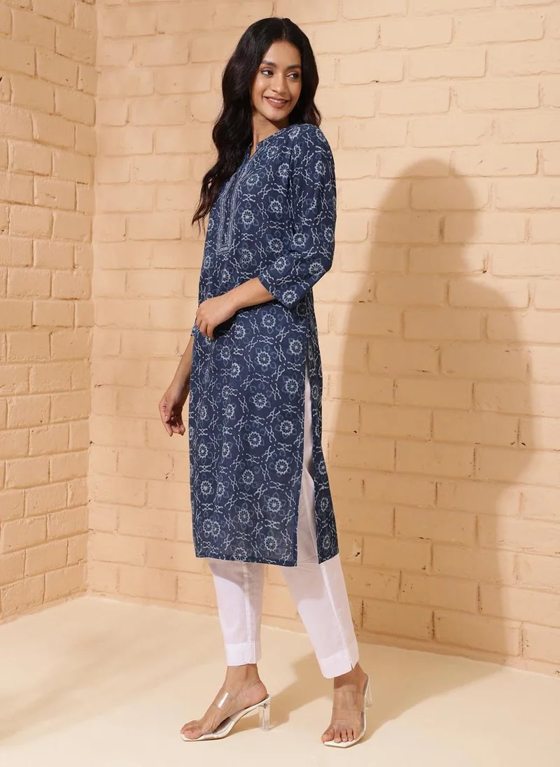 Fabindia Indigo Cotton Printed Knee Length Kurta