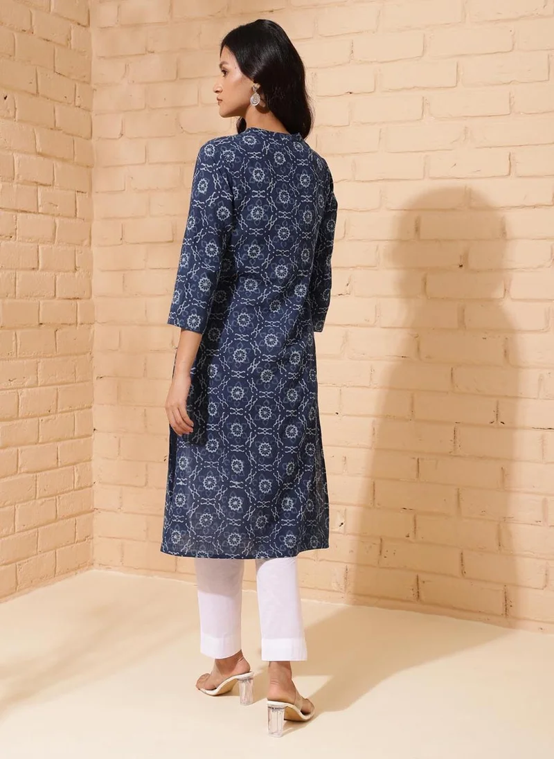 Fabindia Indigo Cotton Printed Knee Length Kurta
