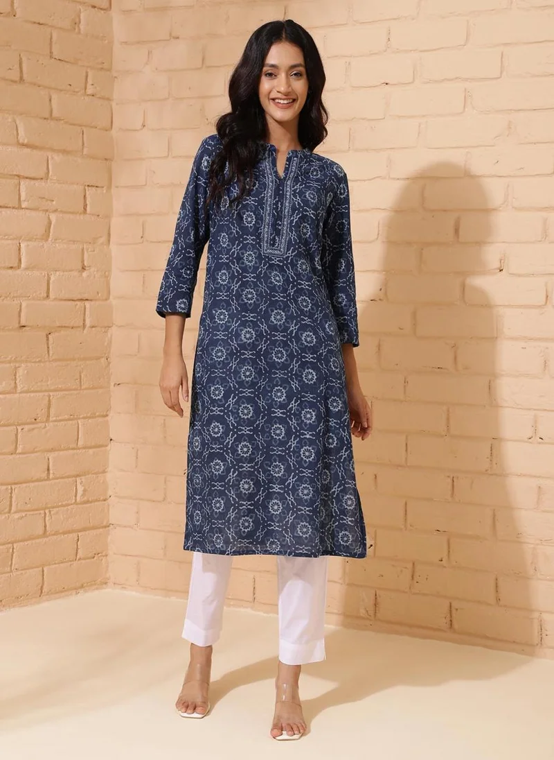 Fabindia Indigo Cotton Printed Knee Length Kurta