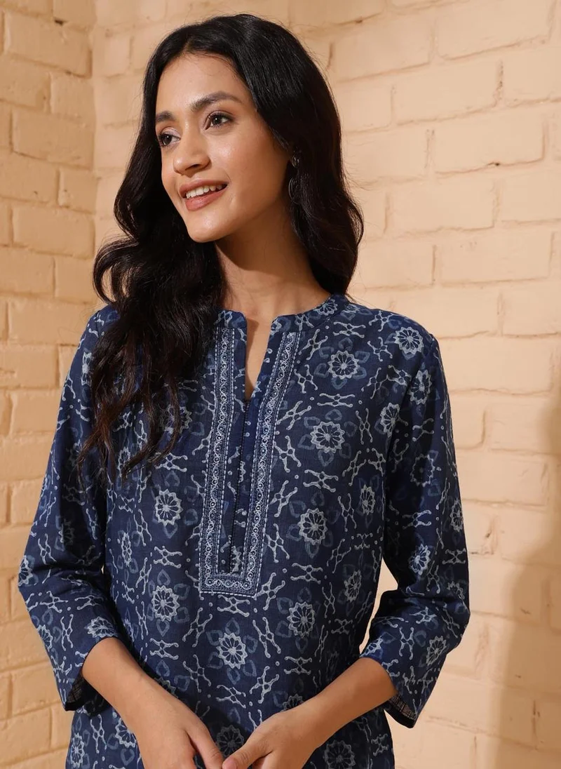 Fabindia Indigo Cotton Printed Knee Length Kurta