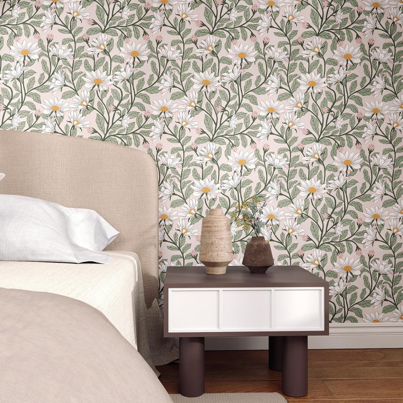 Vinjiasin Peel and Stick Contact Paper Daisy Floral Wallpaper - Blush Pink Green Removable Wall Mural, Self-Adhesive Peel-and-Stick Decor for Bedroom Accent Wall, Waterproof Vinyl Wallpaper Roll,17.3"x 78.7" - Image 2