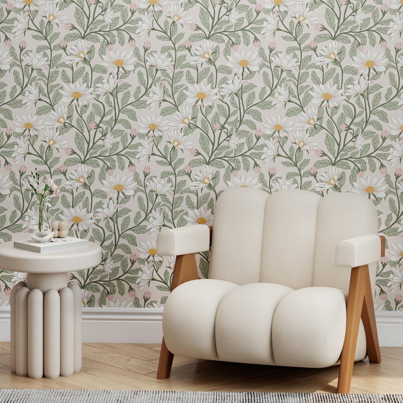Vinjiasin Peel and Stick Contact Paper Daisy Floral Wallpaper - Blush Pink Green Removable Wall Mural, Self-Adhesive Peel-and-Stick Decor for Bedroom Accent Wall, Waterproof Vinyl Wallpaper Roll,17.3"x 78.7" - Image 4