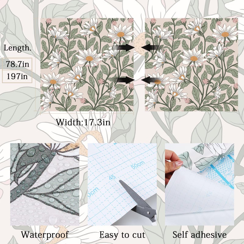 Vinjiasin Peel and Stick Contact Paper Daisy Floral Wallpaper - Blush Pink Green Removable Wall Mural, Self-Adhesive Peel-and-Stick Decor for Bedroom Accent Wall, Waterproof Vinyl Wallpaper Roll,17.3"x 78.7" - Image 5
