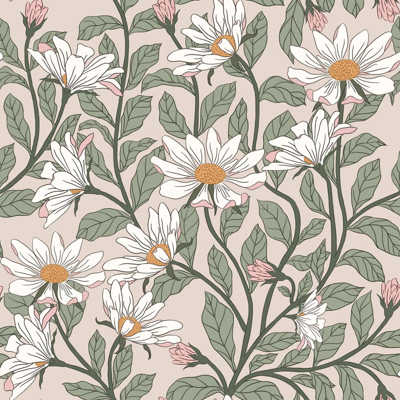 Vinjiasin Peel and Stick Contact Paper Daisy Floral Wallpaper - Blush Pink Green Removable Wall Mural, Self-Adhesive Peel-and-Stick Decor for Bedroom Accent Wall, Waterproof Vinyl Wallpaper Roll,17.3"x 78.7" - Image 1