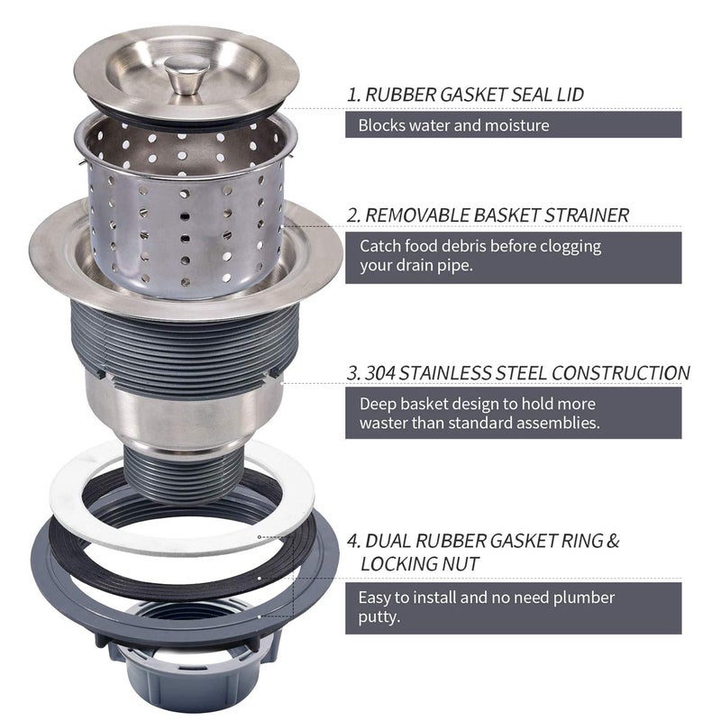 KONE 3-1/2 Inch Sink Drain Assembly Kit  Removable Deep Sink Strainer Basket With Sink Stopper/Sealing Lid For Home  Kitchen  Stainless Steel - Image 5