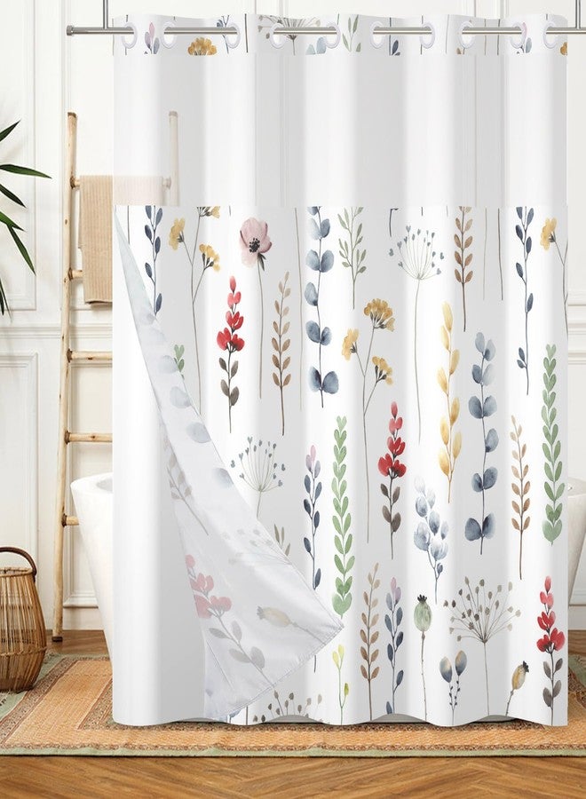 DASHAN No Hook Shower Curtain with Snap in Liner, Floral Shower Curtains for Bathroom, Botanical Plants Bathroom Curtain Wildflowers Hotel Fabric Bath Curtains 71"x74" - Image 1