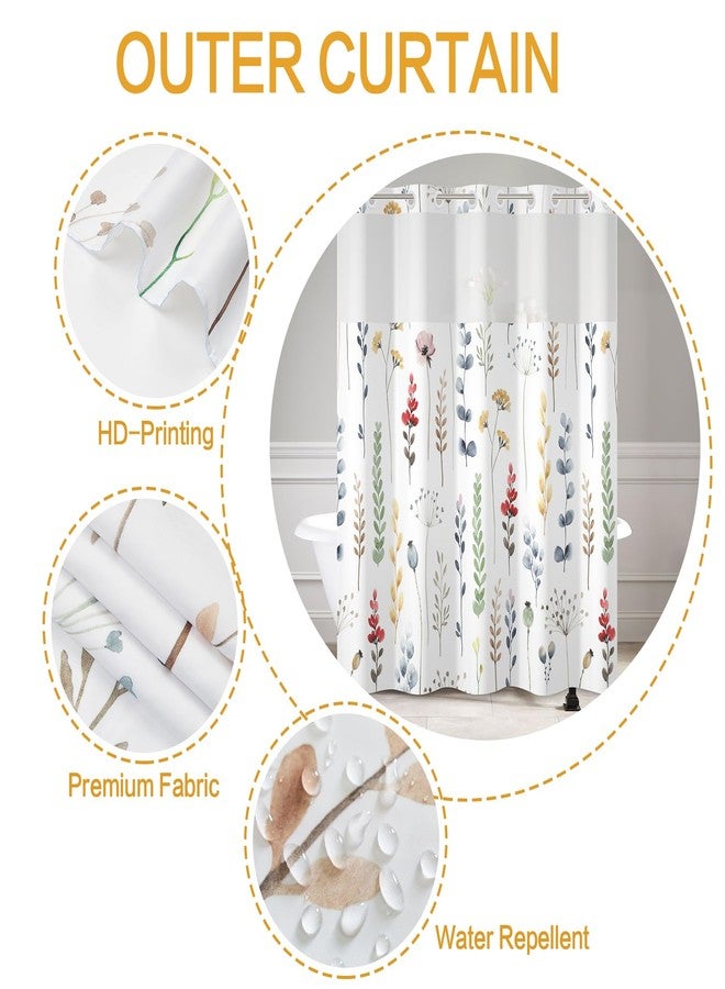 DASHAN No Hook Shower Curtain with Snap in Liner, Floral Shower Curtains for Bathroom, Botanical Plants Bathroom Curtain Wildflowers Hotel Fabric Bath Curtains 71"x74" - Image 4