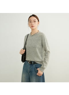 Generic Seamless Wool Sweater Ribbed Knit Womens Pullover white gray  - Image 5