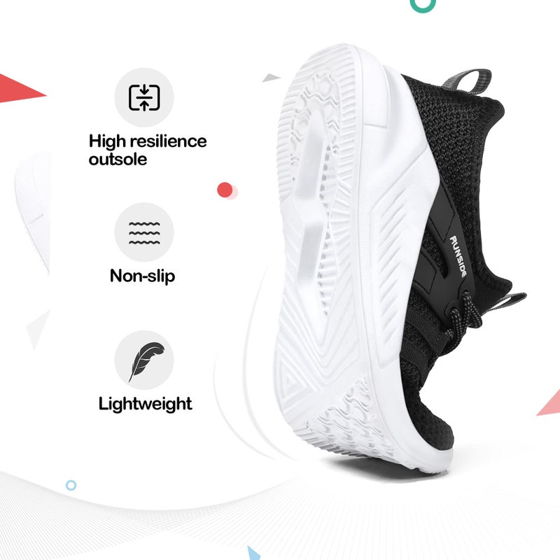 RUNSIDE Boys Girls Tennis Shoes Kids Lightweight Breathable Sneakers Lace-up Running Athletic Shoes for Toddler/Little Kid/Big Kid Black White - Image 4