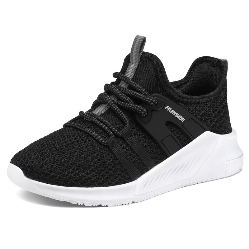 RUNSIDE Boys Girls Tennis Shoes Kids Lightweight Breathable Sneakers Lace-up Running Athletic Shoes for Toddler/Little Kid/Big Kid Black White - Image 1