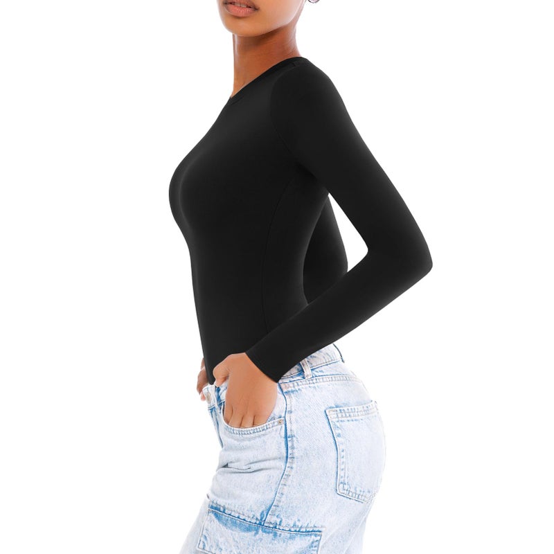 Walifrey Crew Neck Long Sleeve Bodysuit for Women Soft Stretchy Basic Shirts Bodysuits Tops Black M - Image 2
