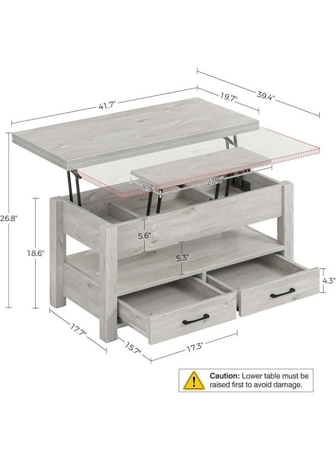 Rolanstar Lift-Top Coffee Table – Versatile Convertible Design with Hidden Compartment & Drawers, Transforms into a Dining Table (Grey)