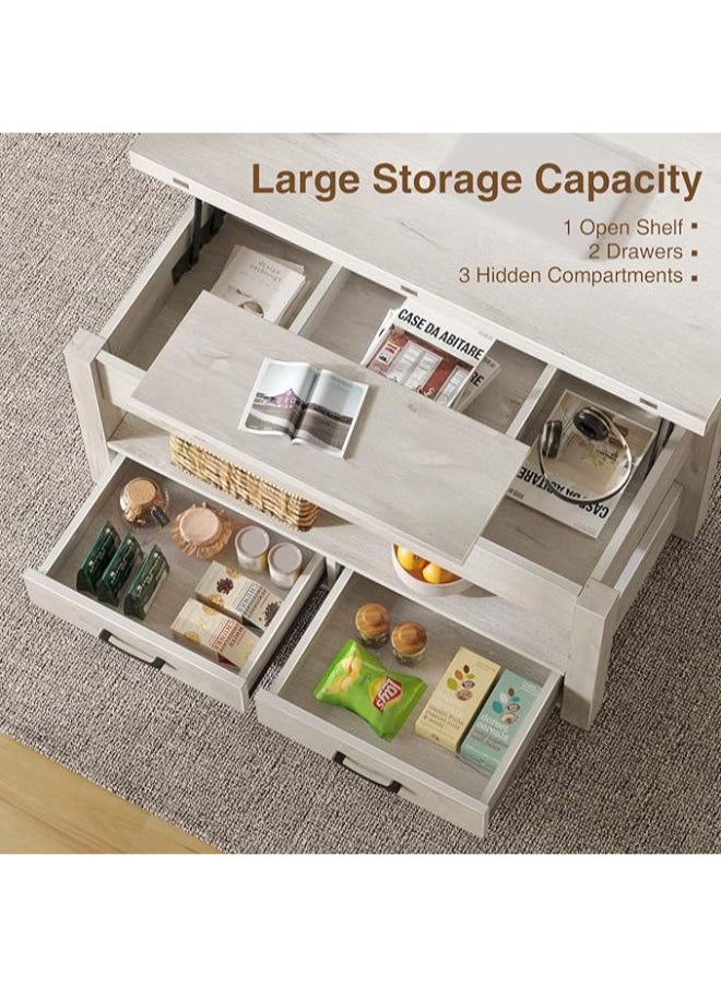 Rolanstar Lift-Top Coffee Table – Versatile Convertible Design with Hidden Compartment & Drawers, Transforms into a Dining Table (Grey)