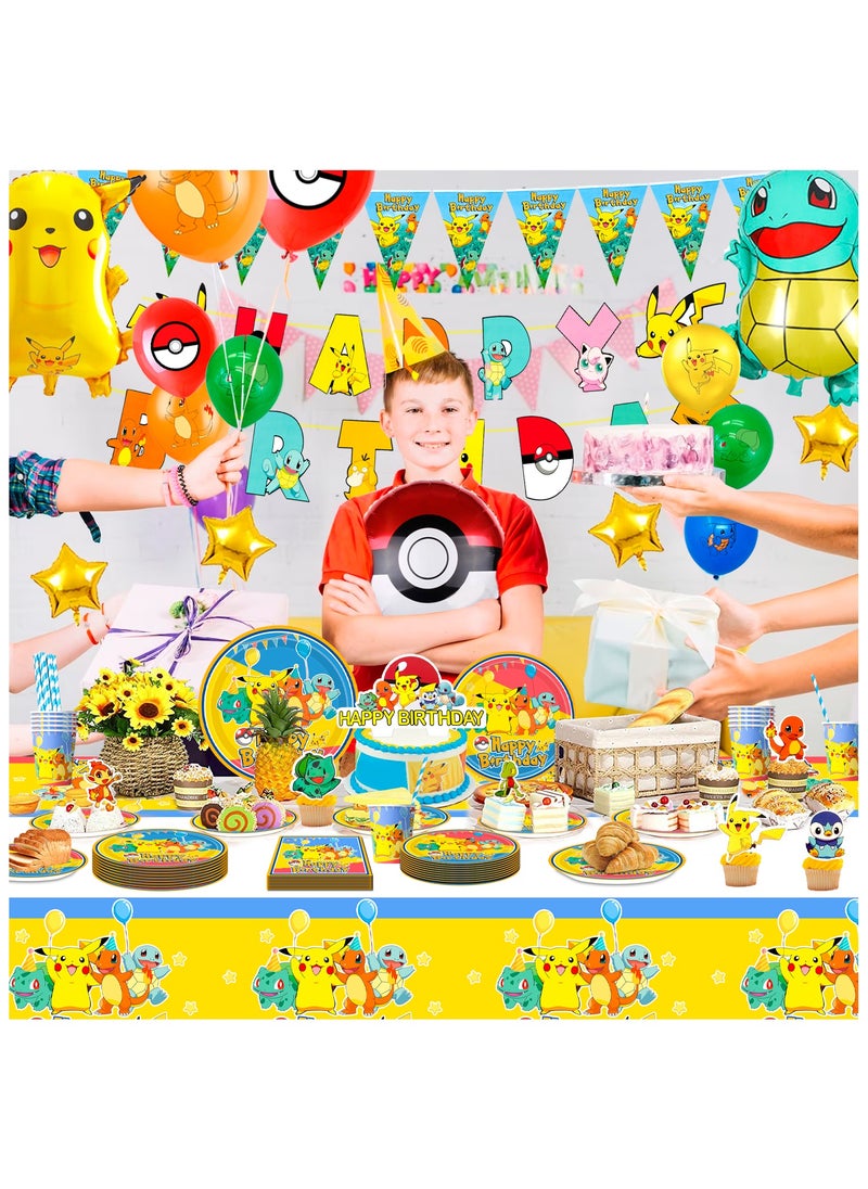FRUITFUL PARTY - Pikachu Birthday Party Decorations for 10 Guests, Pokemon Disposable Tableware set Included Pikachu Party Banner Balloons Tablecloth Plates Cups Napkins Cake Toppers ect Pokemon Themed Birthday Party Supplies - Image 1