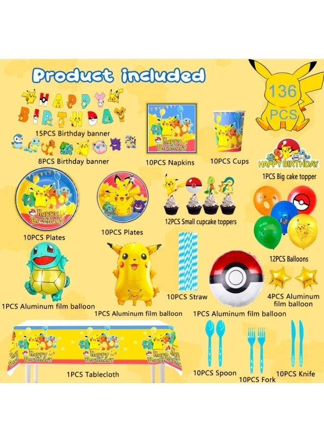 FRUITFUL PARTY Pikachu Birthday Party Decorations for 10 Guests, 136pcs Pokemon Disposable Tableware set Included Pikachu Party Banner Balloons Tablecloth Plates Cups Napkins Cake Toppers ect Pokemon Themed Birthday Party Supplies - Image 2