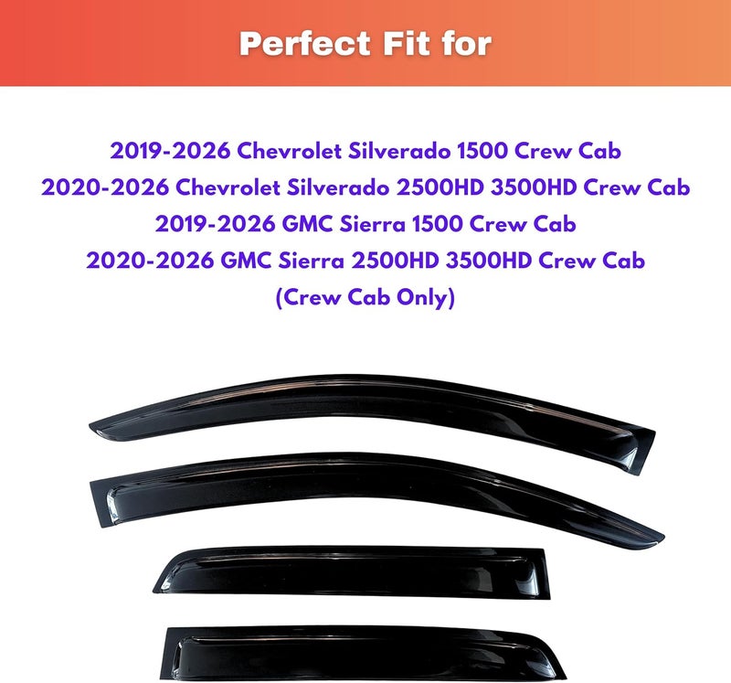 KPY Window Visor for 2019-2024 GMC Sierra & Chevrolet Silverado Crew Cab - 4PC Rain Guards - Image 2
