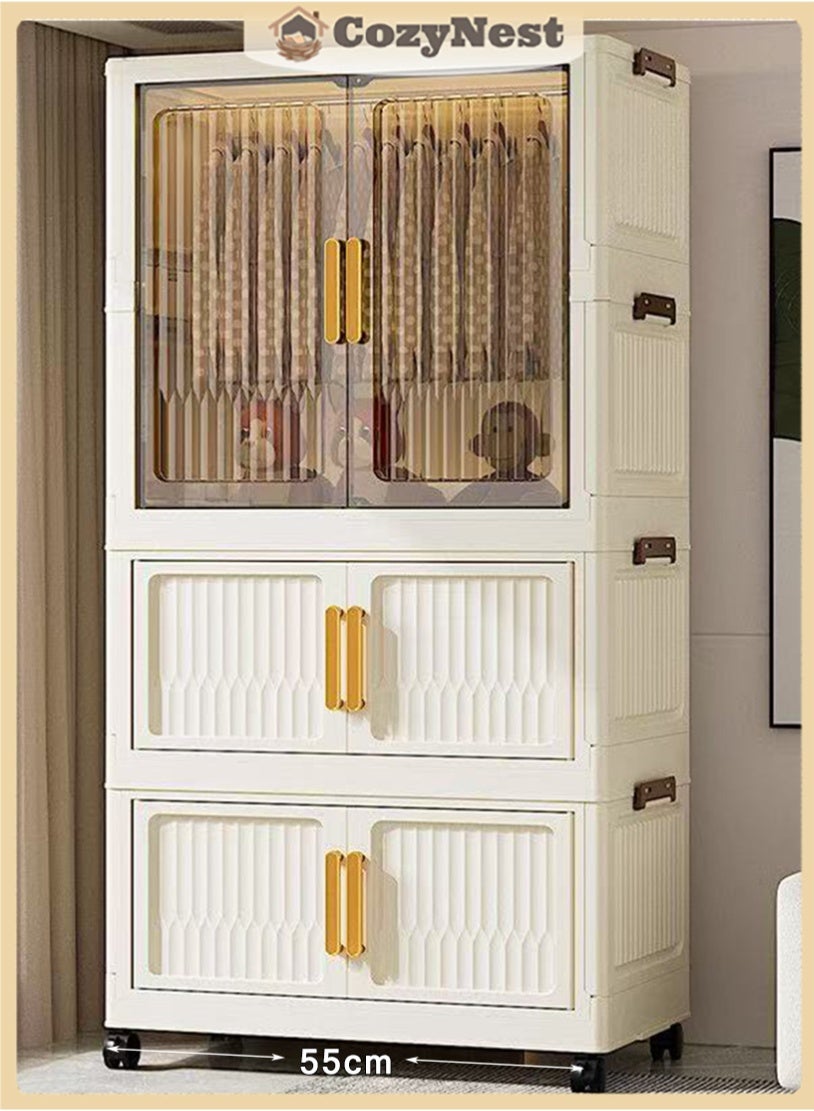 Freestanding Portable Wardrobe Closet Organizer 55cm Wide with Hanging Rod & Doors, Foldable Stackable Clothes Storage Bins with Lids, Dustproof Collapsible Garment Cabinet with Wheels for Bedroom, Dorm & Office