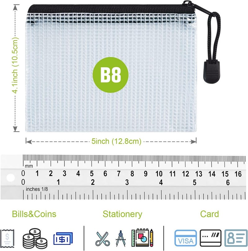 ASTEN 12 Pcs Plastic Mesh Zip File Bags, Waterproof Tear-Resistant Document File Folders, B8 Size Zipper Documents Pouch Document Organizer Bags for School Office Home Travel Storage(5×4.1 Inch) - Image 3