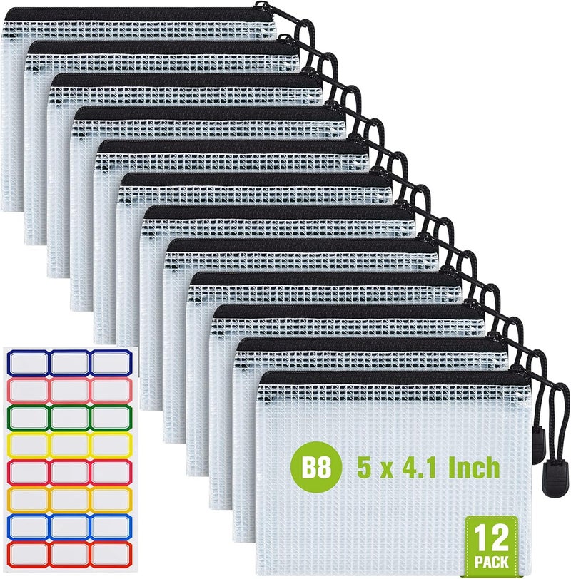 ASTEN 12 Pcs Plastic Mesh Zip File Bags, Waterproof Tear-Resistant Document File Folders, B8 Size Zipper Documents Pouch Document Organizer Bags for School Office Home Travel Storage(5×4.1 Inch) - Image 1