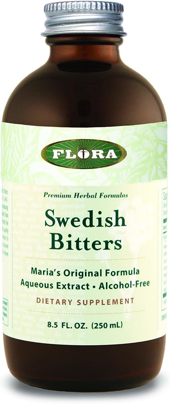 Flora Swedish Bitters  Vegan Digestive Health Supplement  Marias Original Formula  Includes Angelica Root Valerian Root Myrrh Resin  More  NonGMO  Kosher  85 fl oz Glass Bottle - Image 1