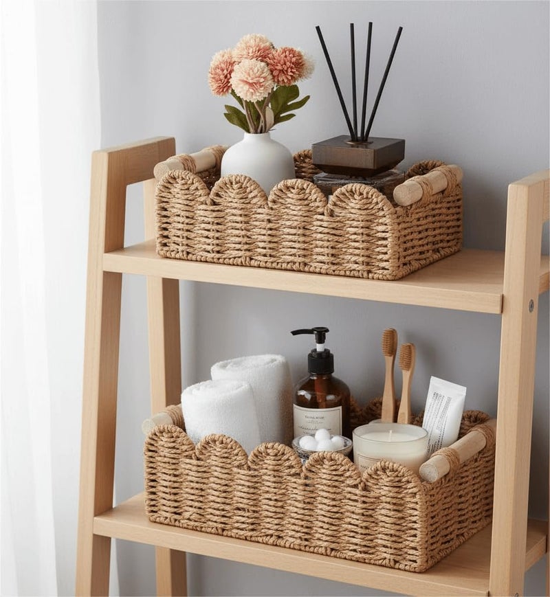 CubesLand Toilet Paper Storage Organizer Basket, Scalloped Decorative Baskets for Over Toilet Shelves, Wicker Small Basket Perfect for Home Countertop Storage & Decor, Living Room Shelf Decor, Neutral - Image 2