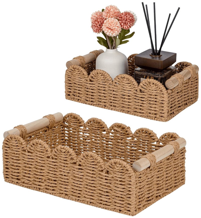 CubesLand Toilet Paper Storage Organizer Basket, Scalloped Decorative Baskets for Over Toilet Shelves, Wicker Small Basket Perfect for Home Countertop Storage & Decor, Living Room Shelf Decor, Neutral - Image 1