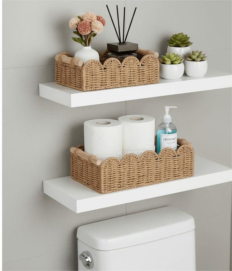 CubesLand Toilet Paper Storage Organizer Basket, Scalloped Decorative Baskets for Over Toilet Shelves, Wicker Small Basket Perfect for Home Countertop Storage & Decor, Living Room Shelf Decor, Neutral - Image 3