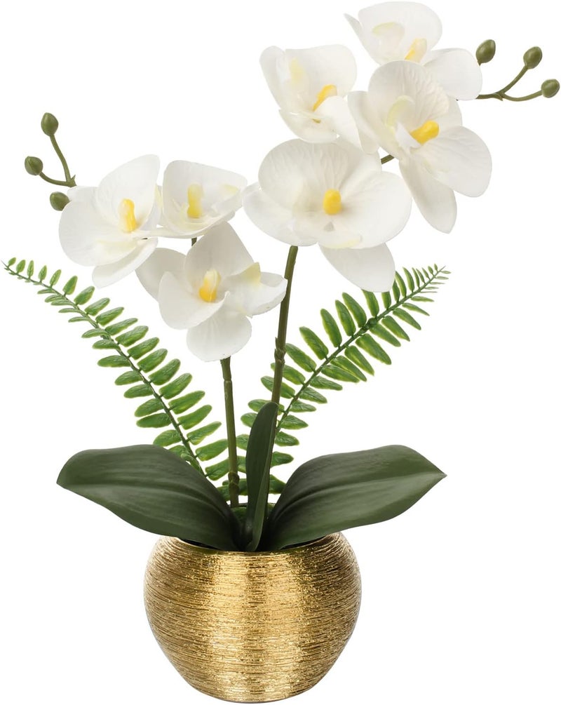 Briful Orchids Artificial Flowers Arrangement Small Fake Orchid Faux Flowers in Gold Ceramic Vase Real Touch Phalaenopsis Orchid Plant White Orchid for Home Office Wedding Party Centerpiece Decoration - Image 1