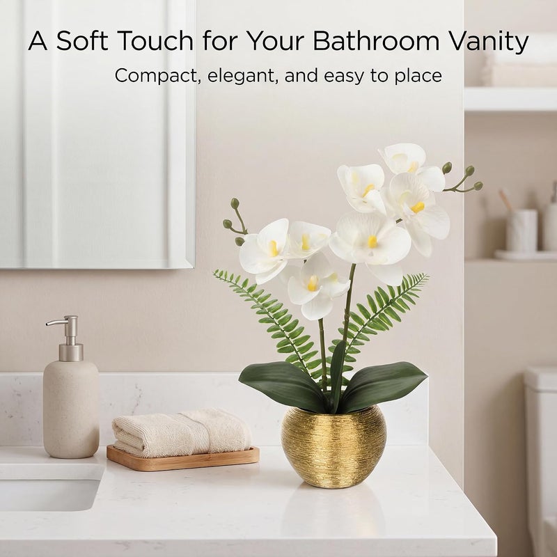 Briful Orchids Artificial Flowers Arrangement Small Fake Orchid Faux Flowers in Gold Ceramic Vase Real Touch Phalaenopsis Orchid Plant White Orchid for Home Office Wedding Party Centerpiece Decoration - Image 4