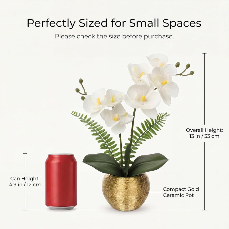 Briful Orchids Artificial Flowers Arrangement Small Fake Orchid Faux Flowers in Gold Ceramic Vase Real Touch Phalaenopsis Orchid Plant White Orchid for Home Office Wedding Party Centerpiece Decoration - Image 2