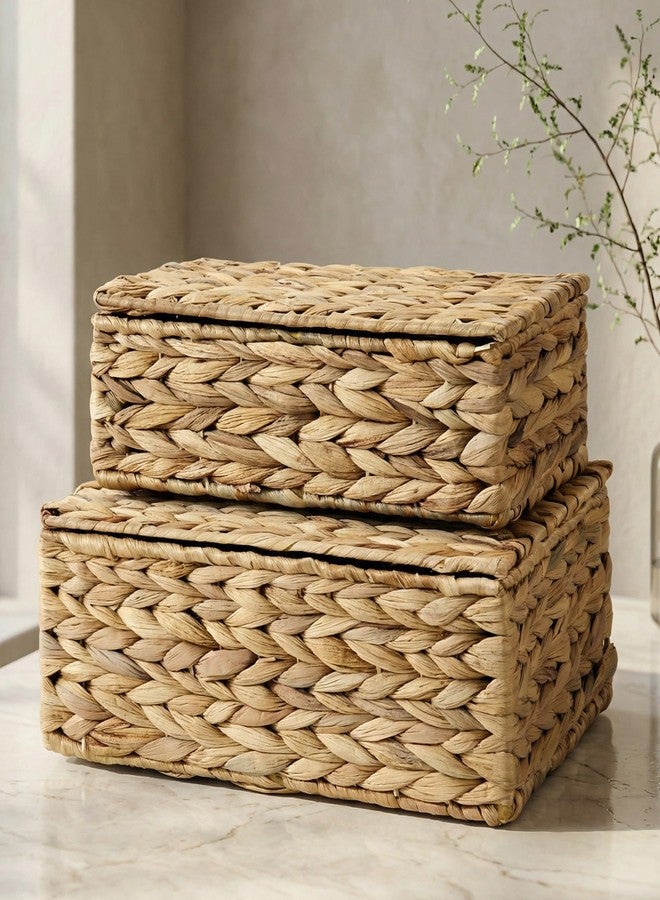 ZICOTO Decorative Storage Boxes with Lids - Set of 2 Beautiful Wicker Organizer Bins for Your Shelves & Home Decor - Safely Store Your Photos, Documents, and Memory Box Keepsakes in a Stylish Rattan Design - Image 1