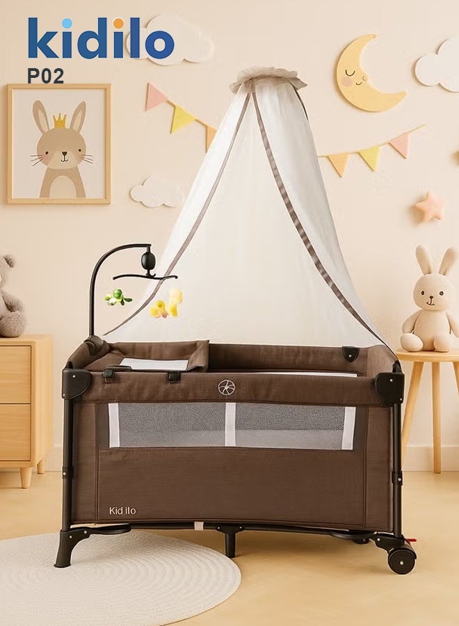 Kidilo 4 in 1 Wide Baby Bassinet Bedside with Diaper Changer,Long Next to Bed Crib with Mattress,Sheet,Music and Blackout Cover Brown - Image 1
