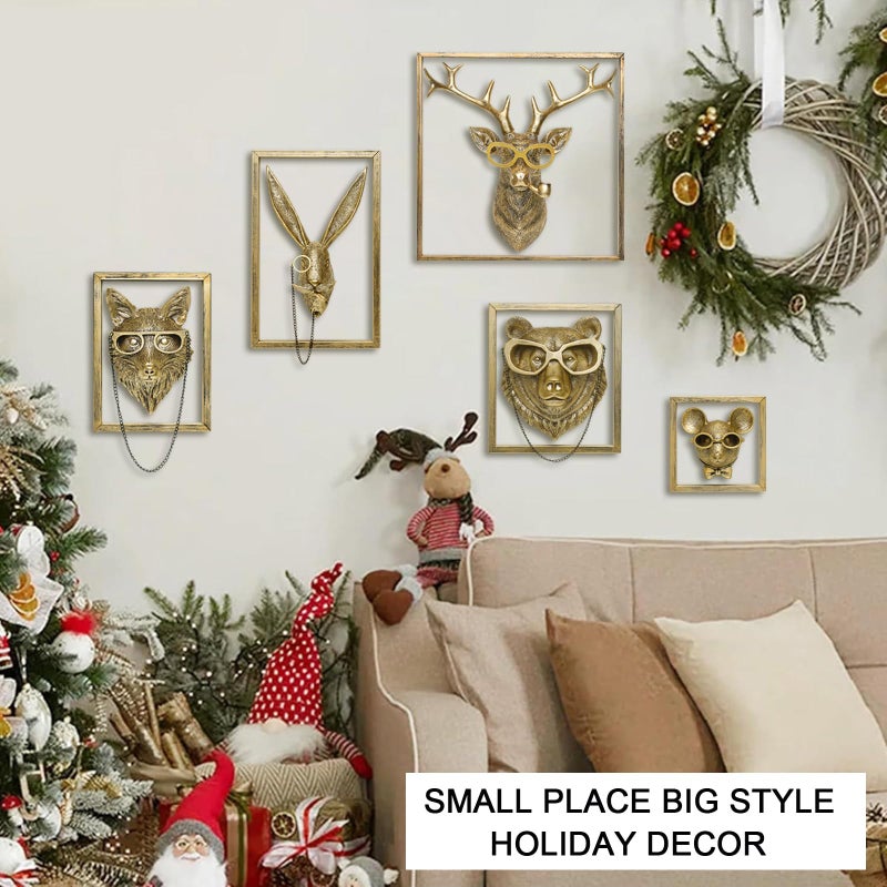 Newinhome 5 Pack Animal Heads Wall Decoration (Gift Metal Frame) Resin Animals Sculptures Head Wall Hanging Decor Gold vintage Wall Sculpture for Living Room Bedroom Office - Image 2