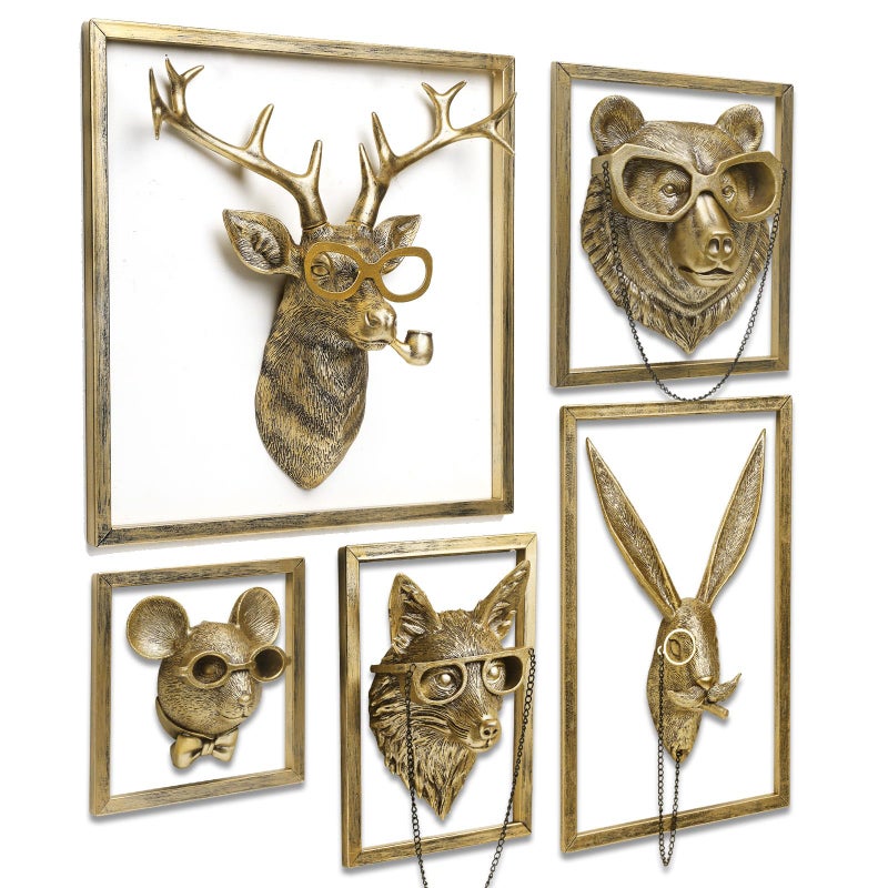 Newinhome 5 Pack Animal Heads Wall Decoration (Gift Metal Frame) Resin Animals Sculptures Head Wall Hanging Decor Gold vintage Wall Sculpture for Living Room Bedroom Office - Image 1