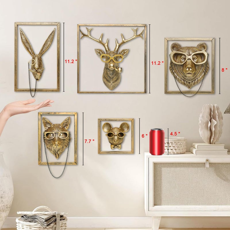 Newinhome 5 Pack Animal Heads Wall Decoration (Gift Metal Frame) Resin Animals Sculptures Head Wall Hanging Decor Gold vintage Wall Sculpture for Living Room Bedroom Office - Image 4